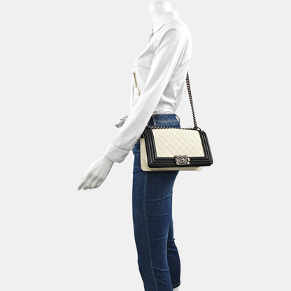 CHANEL BOY CHANEL Medium White Lamb Skin Quilted Single Shoulder Bag Detachable Strap Rhodium Hardware 18 Clasp-(SKU)-959564808