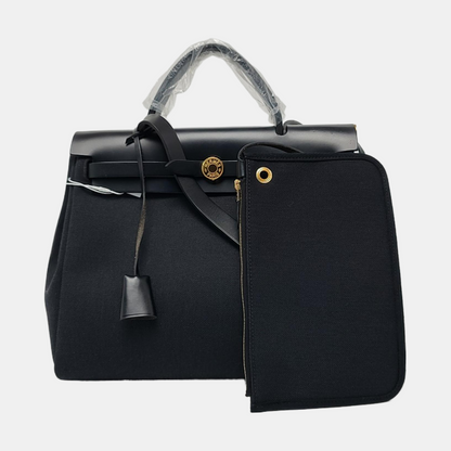 HERMÈS Herbag 31 Black Canvas Crossbody Shoulder Bag with Gold Hardware, Y, Detachable Strap with Pouch-(SKU)-959733479