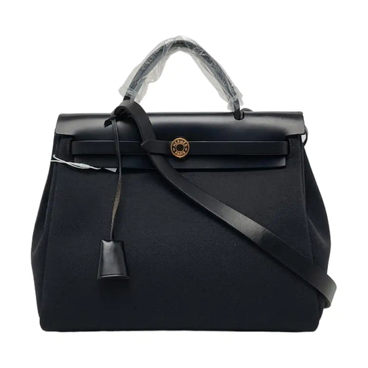 HERMÈS Herbag 31 Black Canvas Crossbody Shoulder Bag with Gold Hardware, Y, Detachable Strap with Pouch-(SKU)-959733479