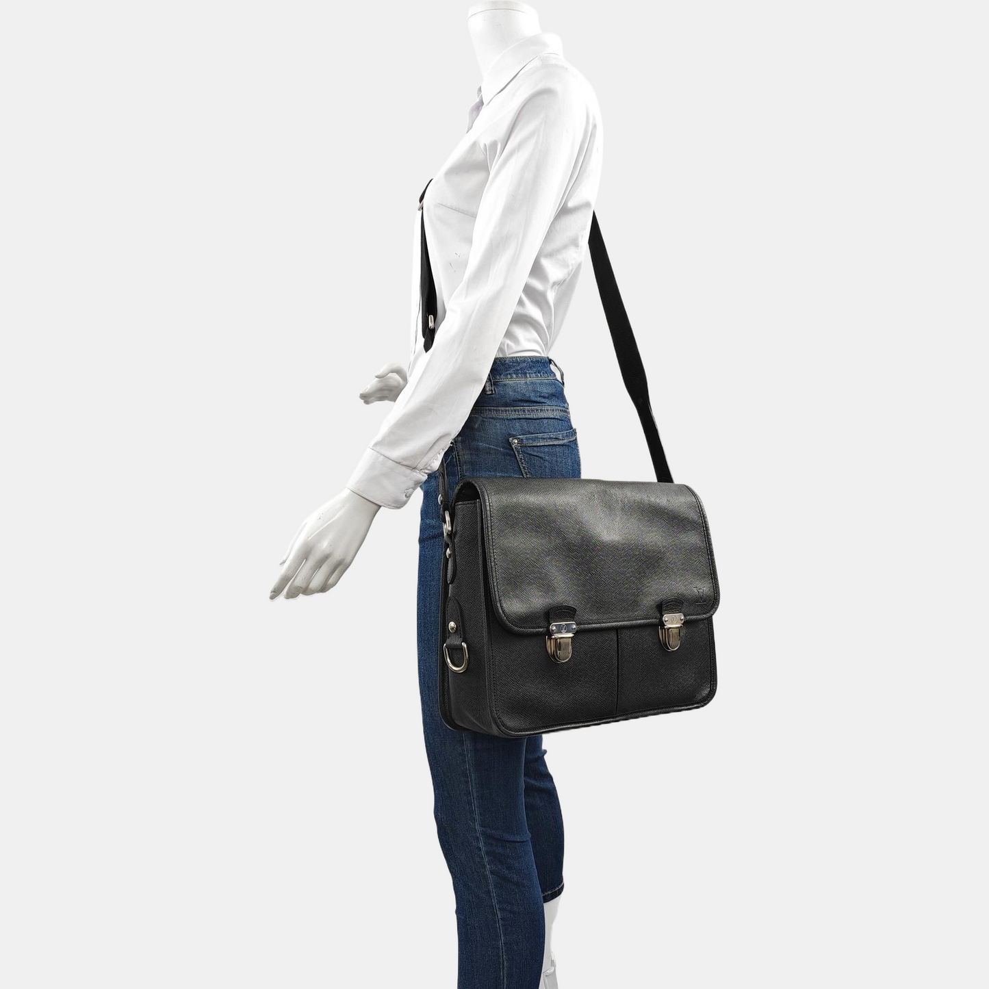 LOUIS VUITTON ALEX Black Cowhide Single Shoulder Bag Crossbody Bag Silver Hardware-(SKU)-959606640