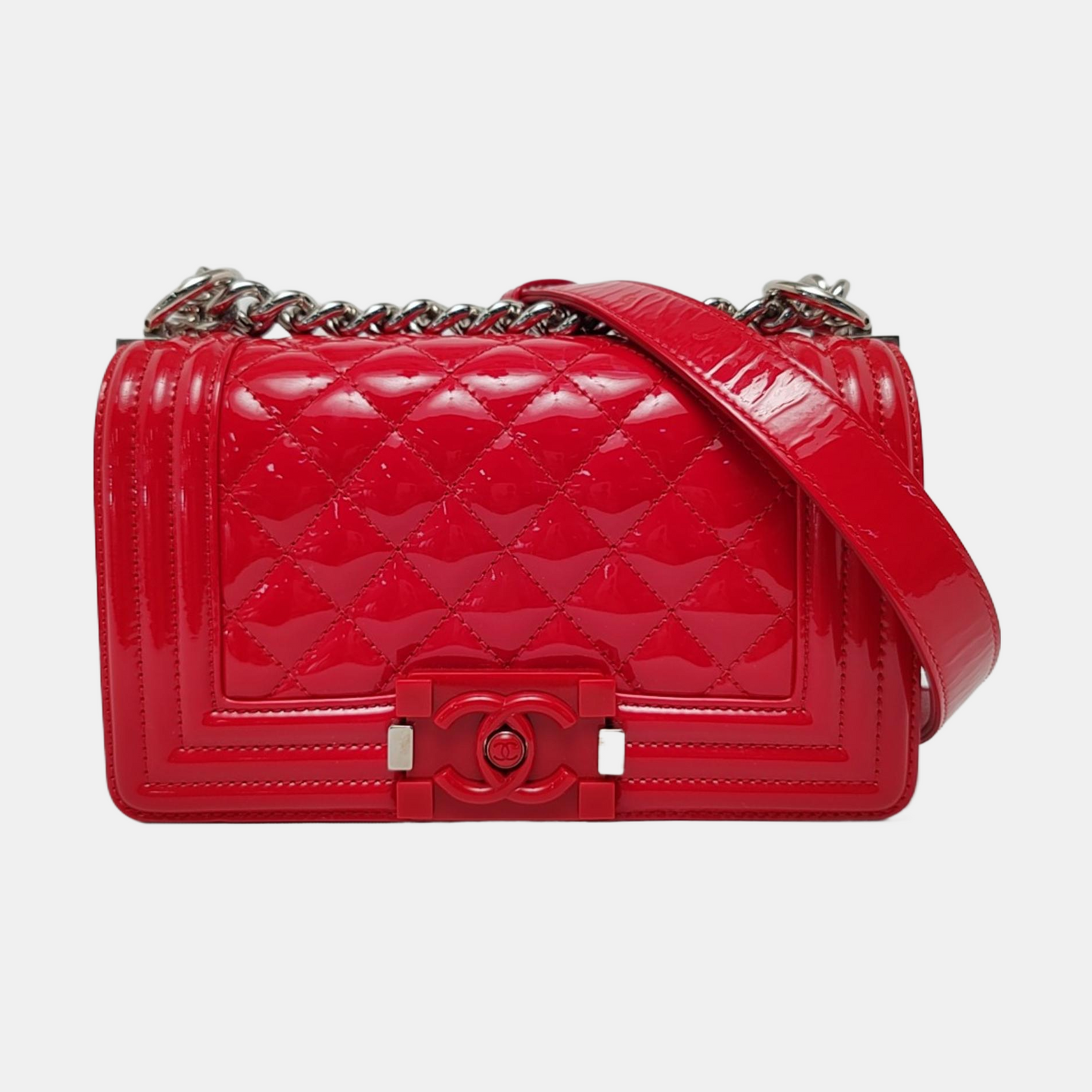 CHANEL BOY CHANEL Small Red Patent Leather Quilted Shoulder Bag Crossbody Bag with Detachable Strap Silver Hardware 20 Compartments-(SKU)-959630797