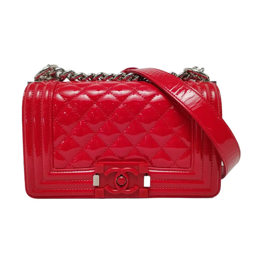CHANEL BOY CHANEL Small Red Patent Leather Quilted Shoulder Bag Crossbody Bag with Detachable Strap Silver Hardware 20 Compartments-(SKU)-959630797