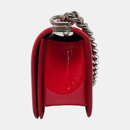 CHANEL BOY CHANEL Small Red Patent Leather Quilted Shoulder Bag Crossbody Bag with Detachable Strap Silver Hardware 20 Compartments-(SKU)-959630797