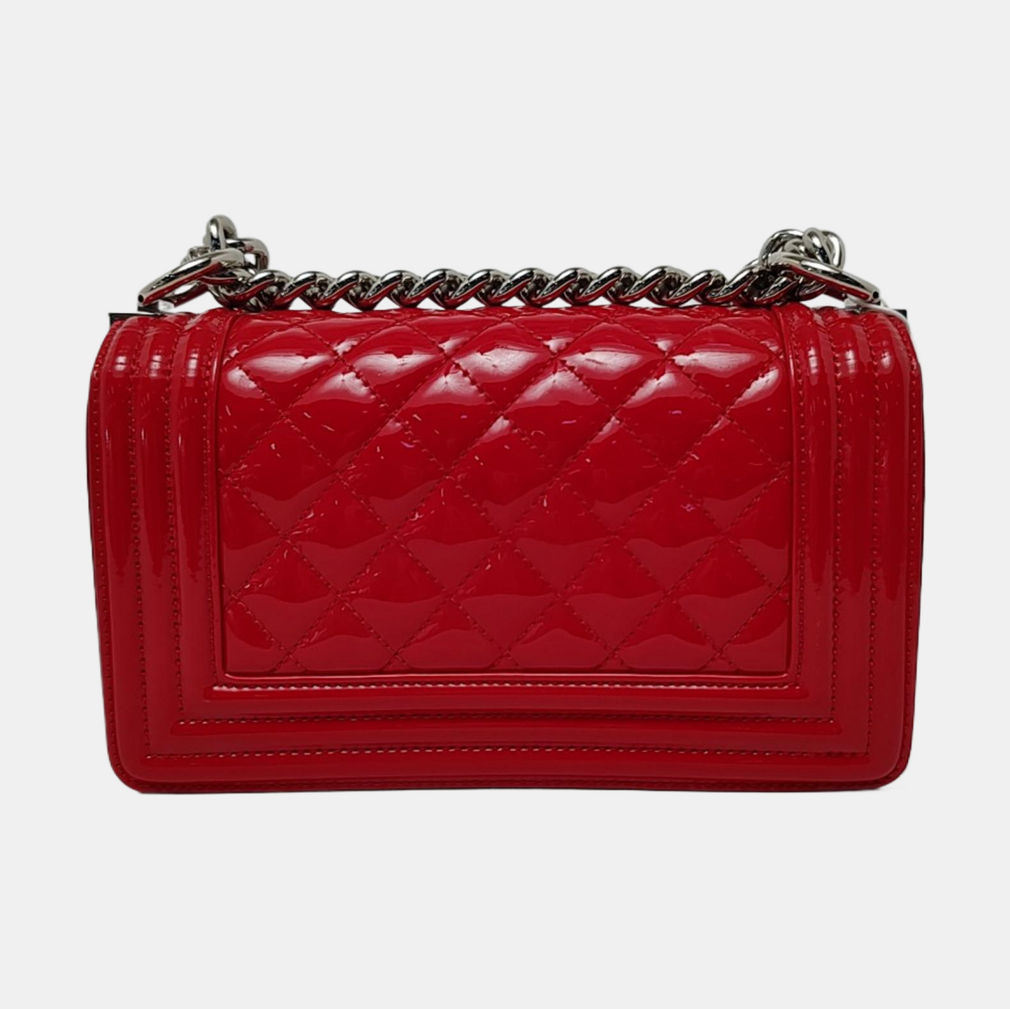 CHANEL BOY CHANEL Small Red Patent Leather Quilted Shoulder Bag Crossbody Bag with Detachable Strap Silver Hardware 20 Compartments-(SKU)-959630797