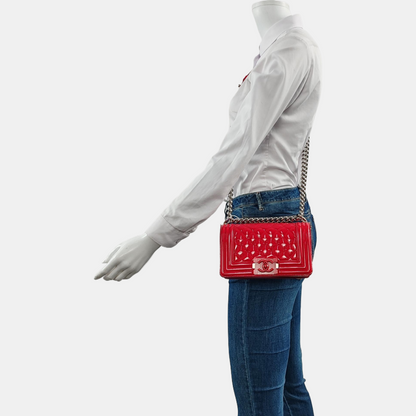 CHANEL BOY CHANEL Small Red Patent Leather Quilted Shoulder Bag Crossbody Bag with Detachable Strap Silver Hardware 20 Compartments-(SKU)-959630797