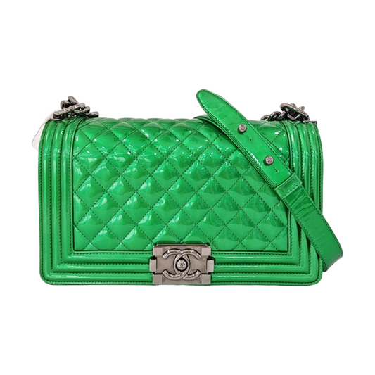 CHANEL BOY CHANEL Medium Green Patent Leather Quilted Shoulder Bag Crossbody Bag with Detachable Strap-(SKU)-959630688