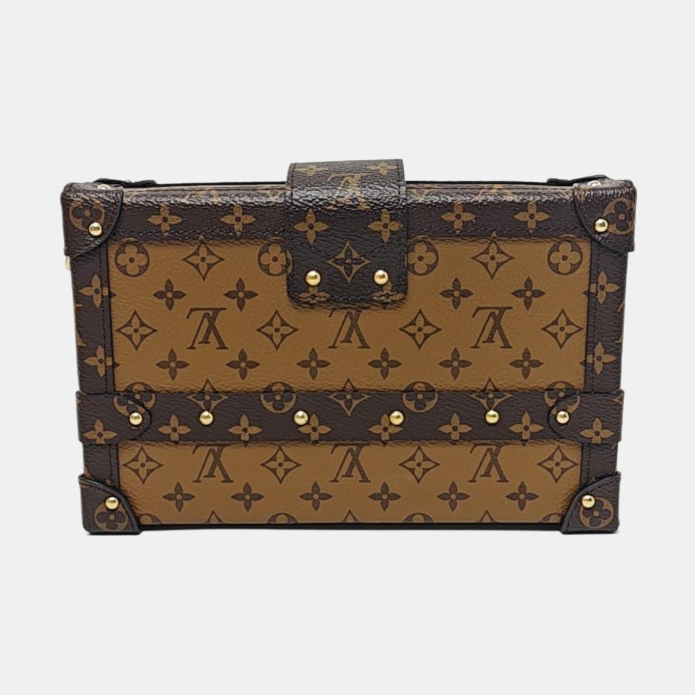 LOUIS VUITTON PETITE MALLE Brown Coated Canvas Monogram Crossbody Shoulder Bag Golden Hardware Removable Strap-(SKU)-959935401