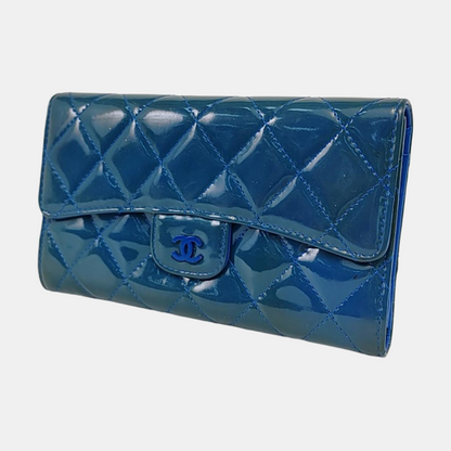 CHANEL CLASSIC FLAP Blue patent leather diamond-pattern wallet Silver and Blue Hardware 16nan-(SKU)-949495187