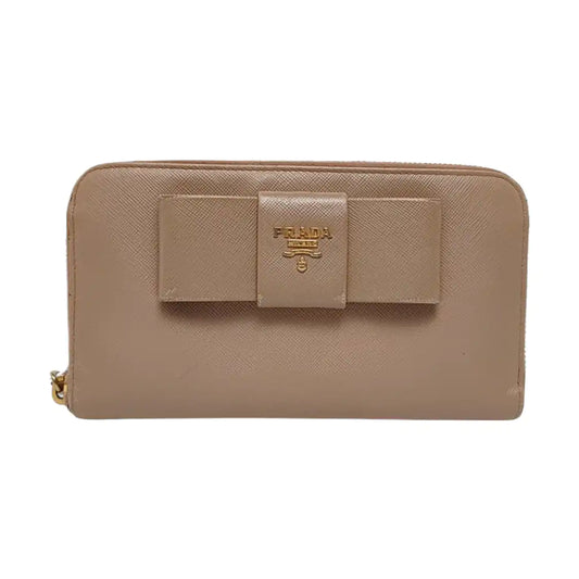 PRADA Fiocco Bow Nude Pink Cowhide Crosshatch Wallet Golden hardware-(SKU)-959793170