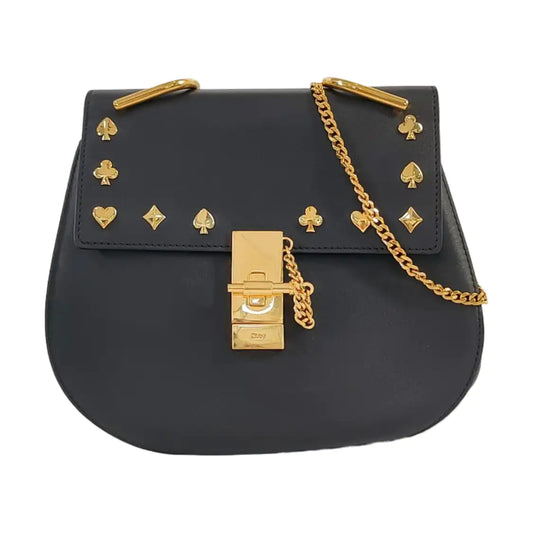 Chloé Drew Medium size Black Cowhide Studs Badge Crossbody, Single Shoulder Bag Golden hardware-(SKU)-959919601