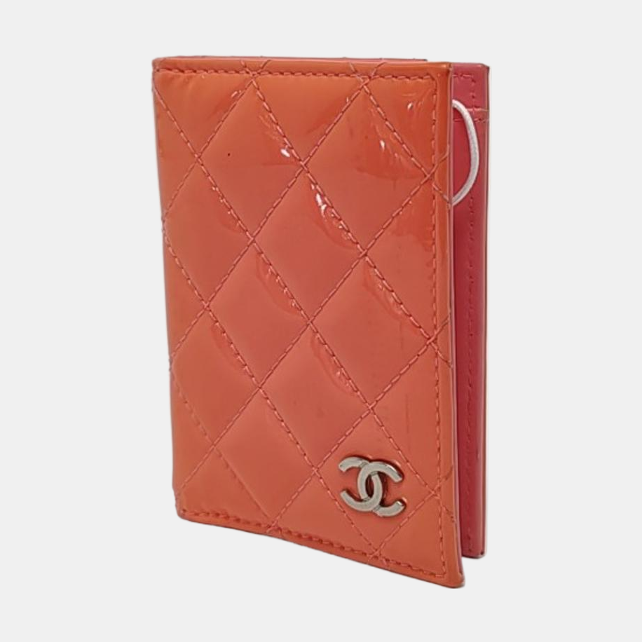 CHANEL Tangerine-Pink Patent Leather Diamond Quilted Card Holder Silver Hardware 21nan-(SKU)-959930843