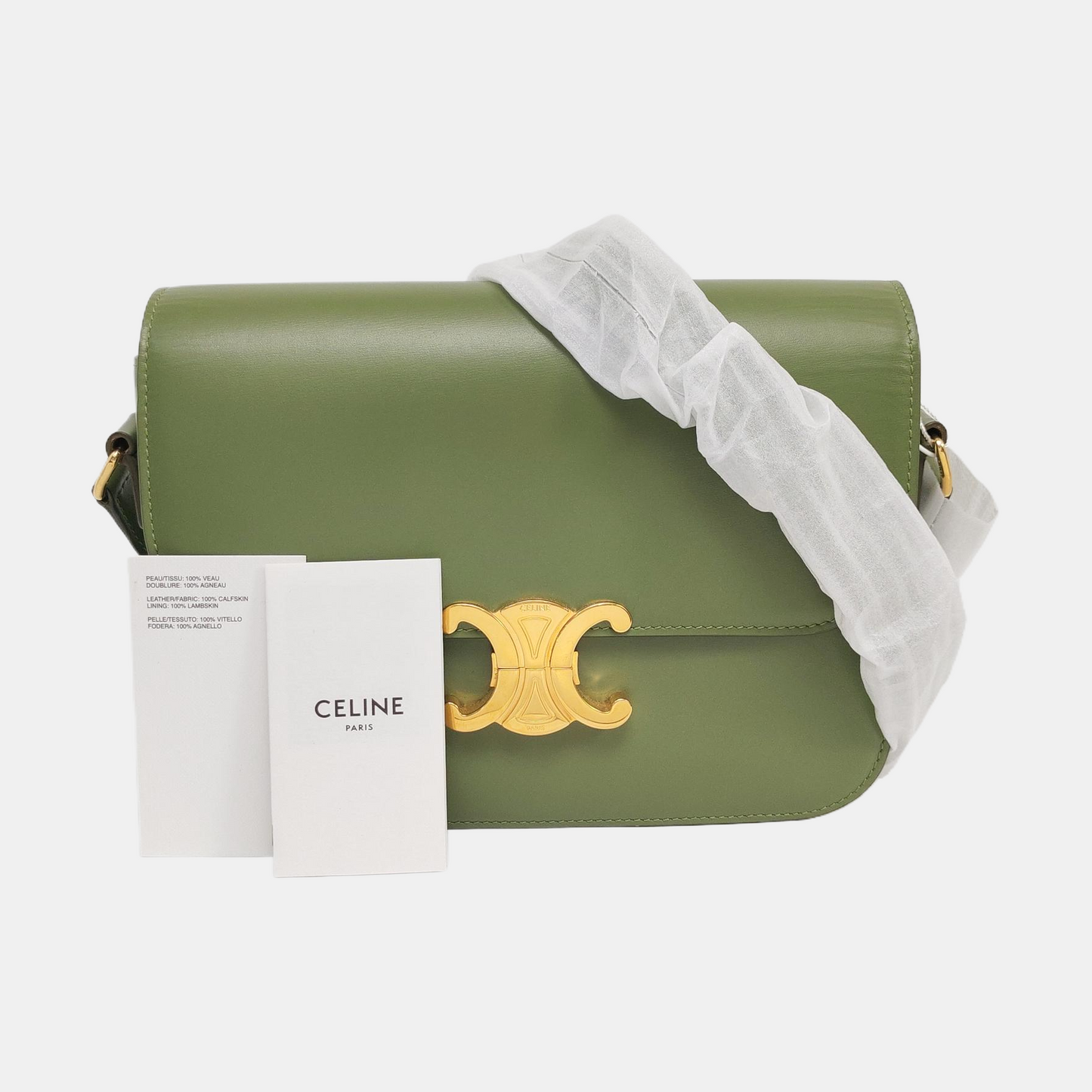 CELINE TRIOMPHE Medium Green Calfskin Shoulder Bag with Gold Hardware-(SKU)-959931687