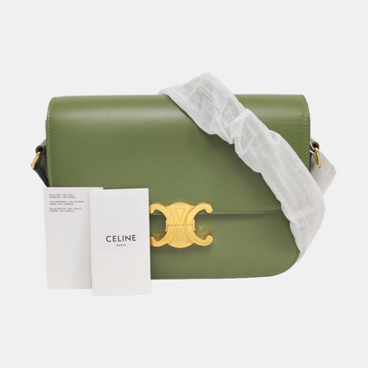 CELINE TRIOMPHE Medium Green Calfskin Shoulder Bag with Gold Hardware-(SKU)-959931687
