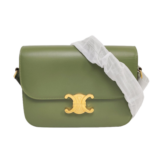 CELINE TRIOMPHE Medium Green Calfskin Shoulder Bag with Gold Hardware-(SKU)-959931687