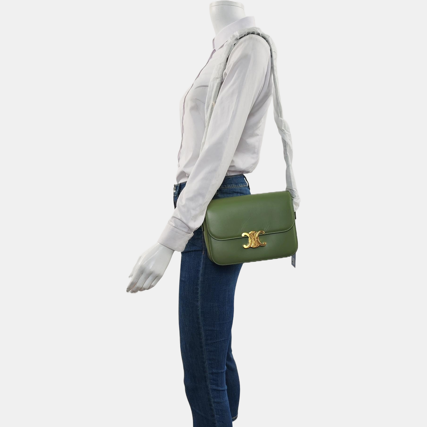 CELINE TRIOMPHE Medium Green Calfskin Shoulder Bag with Gold Hardware-(SKU)-959931687