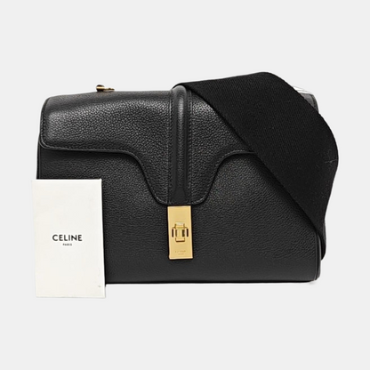 CELINE 16 Teen Black Calfskin Shoulder Bag with Gold Hardware and Detachable Strap-(SKU)-959806698