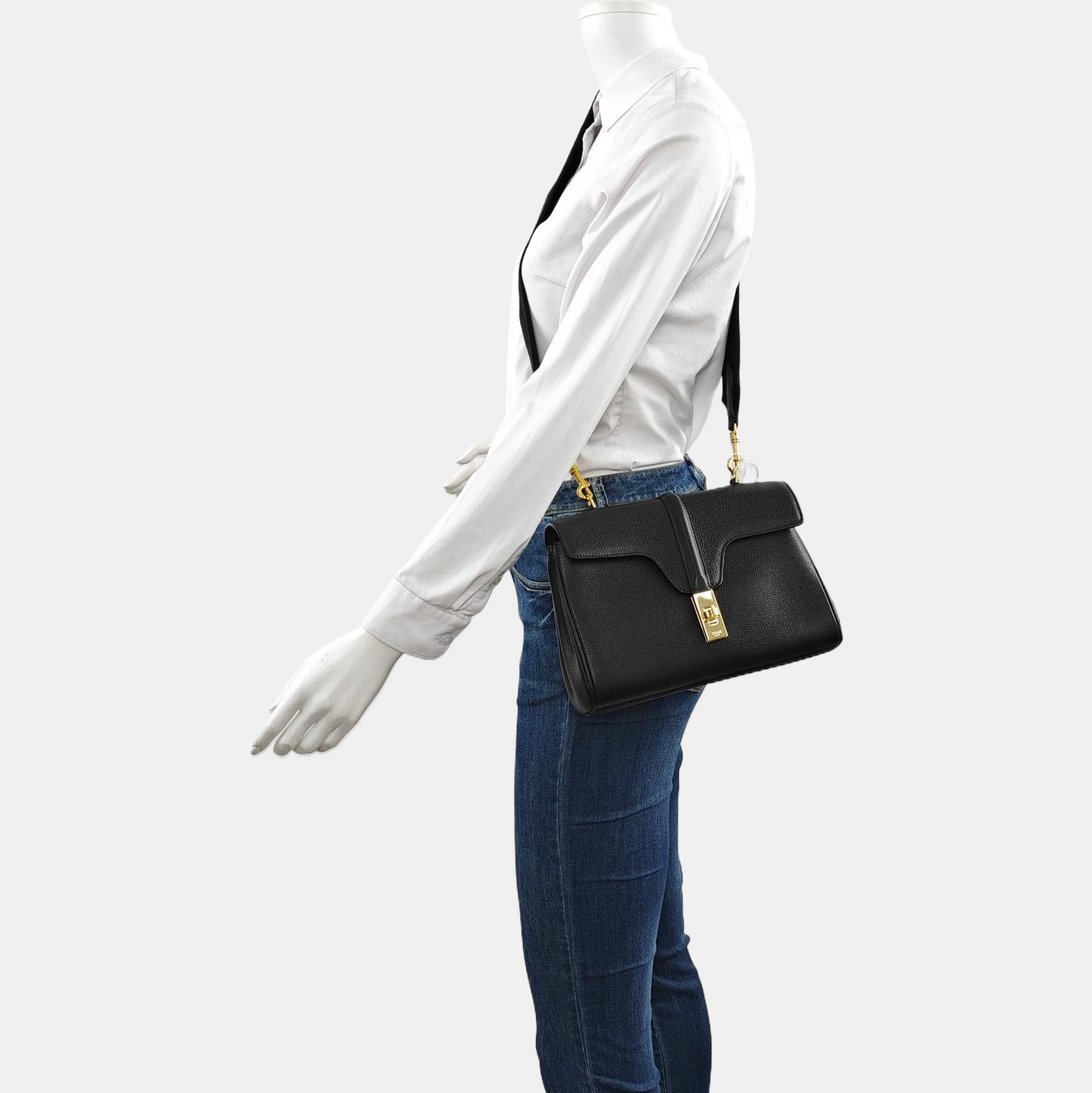 CELINE 16 Teen Black Calfskin Shoulder Bag with Gold Hardware and Detachable Strap-(SKU)-959806698