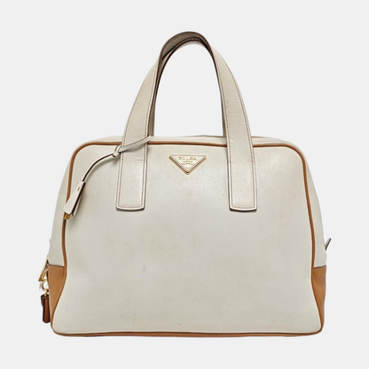 PRADA White Leather Monogrammed Tote Bag Golden hardware-(SKU)-960002423