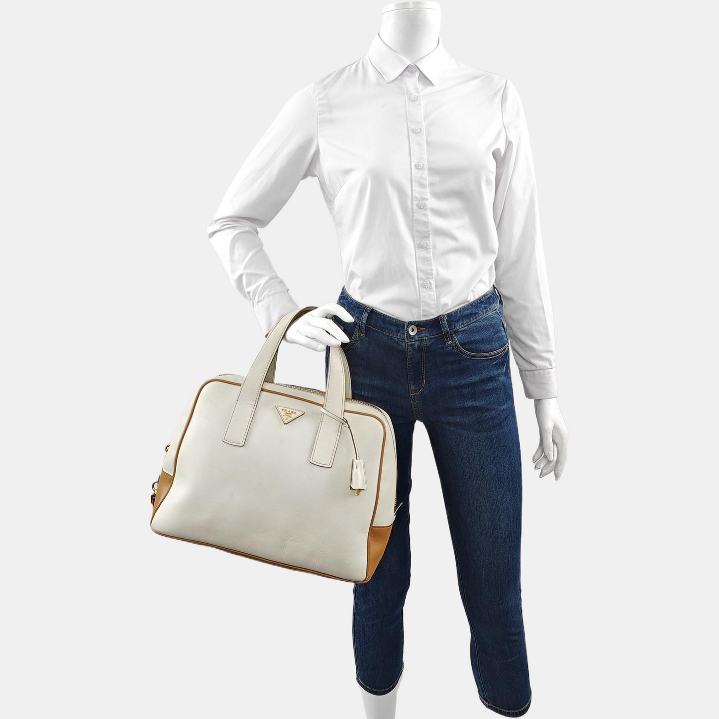 PRADA White Leather Monogrammed Tote Bag Golden hardware-(SKU)-960002423