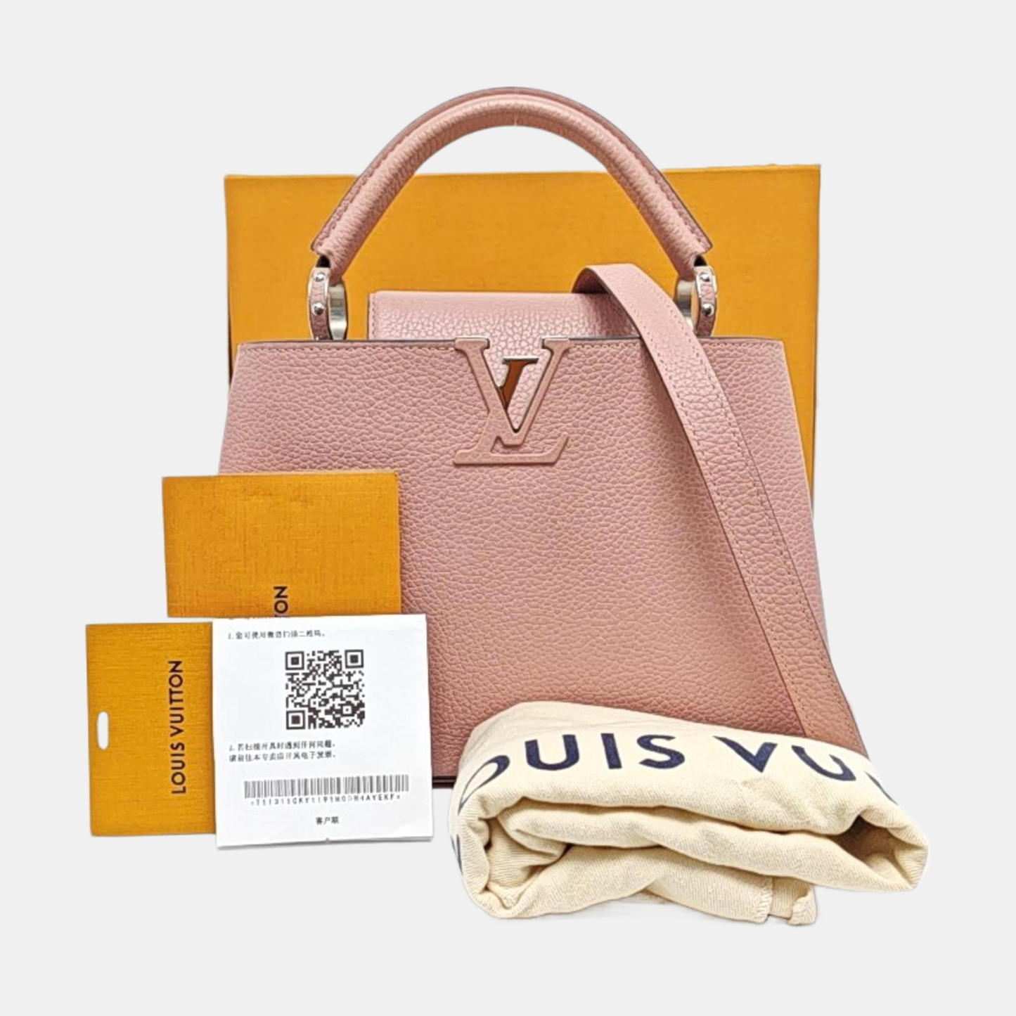 LOUIS VUITTON CAPUCINES BB nude pink leather shoulder bag handbag crossbody bag silver hardware removable shoulder strap complete accessories-(SKU)-960091590