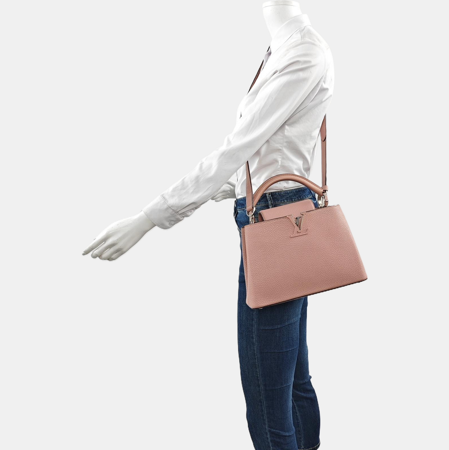 LOUIS VUITTON CAPUCINES BB nude pink leather shoulder bag handbag crossbody bag silver hardware removable shoulder strap complete accessories-(SKU)-960091590