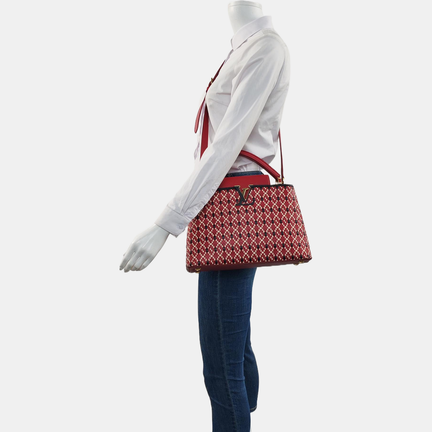 LOUIS VUITTON CAPUCINES Red Leather Woven Single Shoulder Bag Golden Hardware Removable Strap-(SKU)-960181701