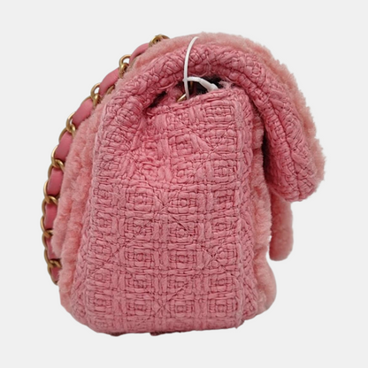 CHANEL CLASSIC FLAP Mini Pink Wool Grained Quilted Flap Bag Crossbody Shoulder Bag with Gold Hardware and 30 Opening-(SKU)-960500213