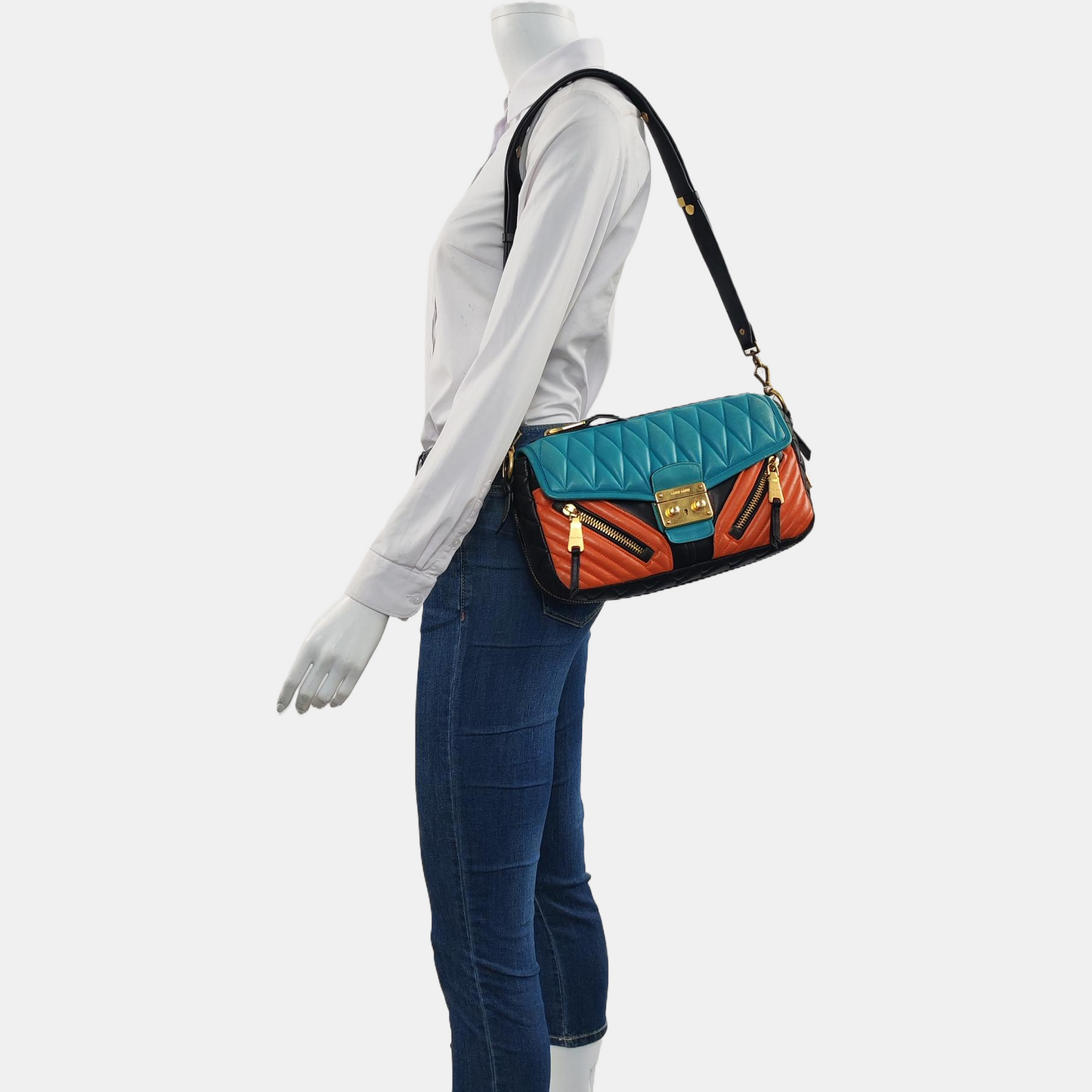Miu Miu Teal Green Lamb Leather Quilted Shoulder and Crossbody Bag Golden hardware-(SKU)-960406389