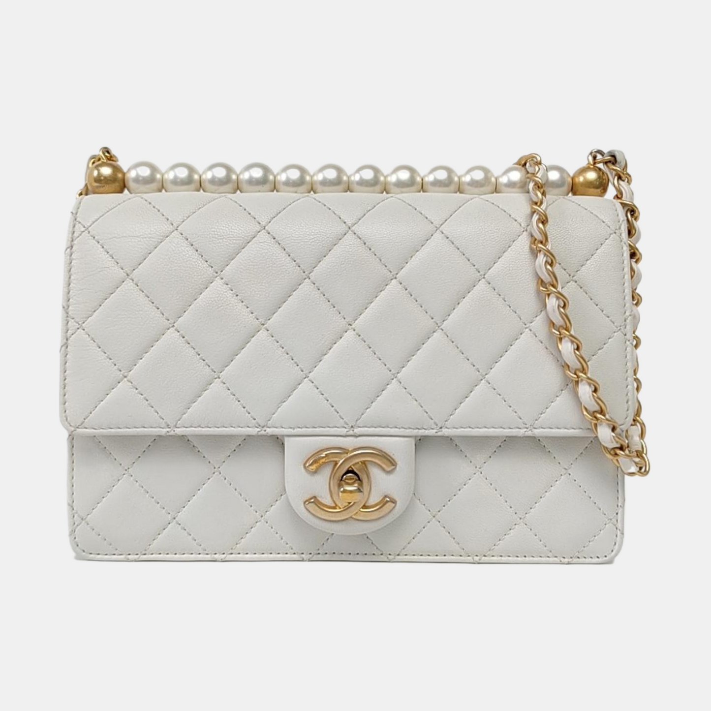 CHANEL CLASSIC VERTICAL PEARL White Lamb Leather Quilted Crossbody Bag Single Shoulder Bag Detachable Strap-(SKU)-960511595