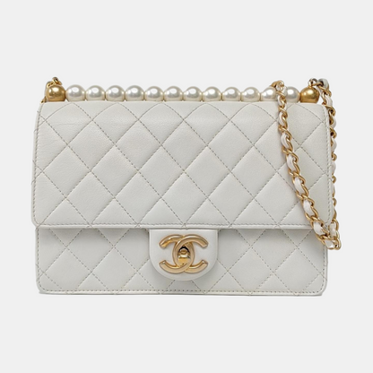CHANEL CLASSIC VERTICAL PEARL White Lamb Leather Quilted Crossbody Bag Single Shoulder Bag Detachable Strap-(SKU)-960511595