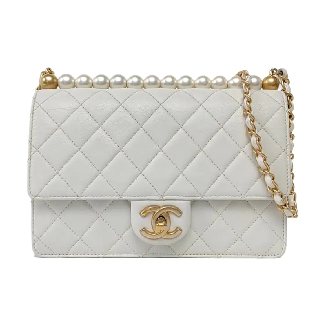 CHANEL CLASSIC VERTICAL PEARL White Lamb Leather Quilted Crossbody Bag Single Shoulder Bag Detachable Strap-(SKU)-960511595