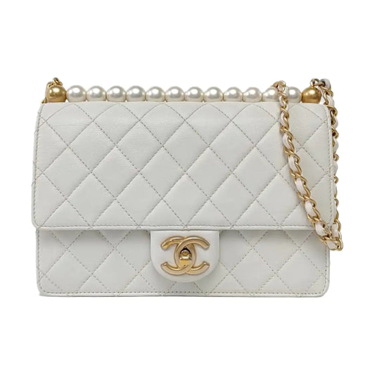 CHANEL CLASSIC VERTICAL PEARL White Lamb Leather Quilted Crossbody Bag Single Shoulder Bag Detachable Strap-(SKU)-960511595