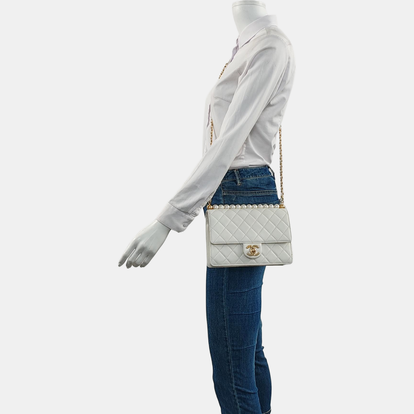 CHANEL CLASSIC VERTICAL PEARL White Lamb Leather Quilted Crossbody Bag Single Shoulder Bag Detachable Strap-(SKU)-960511595