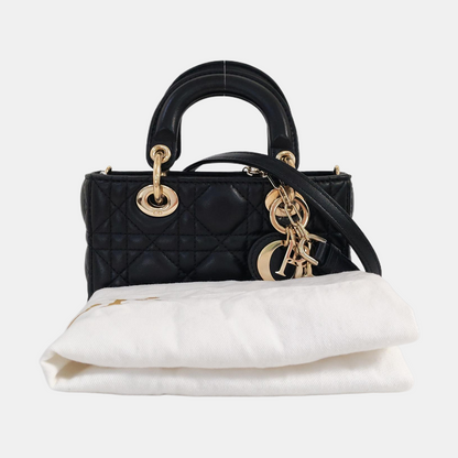 DIOR Lady D-Joy Super Mini Black Lamb Skin Wicker Stitched Crossbody Shoulder Bag Handbag Tote Bag Golden Hardware 2 Removable Straps-(SKU)-960436430