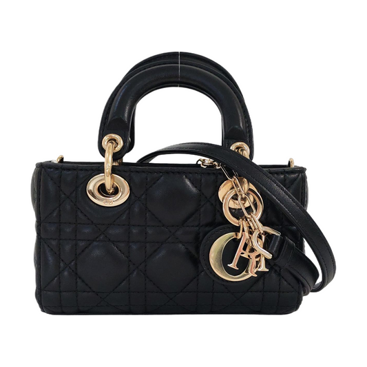 DIOR Lady D-Joy Super Mini Black Lamb Skin Wicker Stitched Crossbody Shoulder Bag Handbag Tote Bag Golden Hardware 2 Removable Straps-(SKU)-960436430