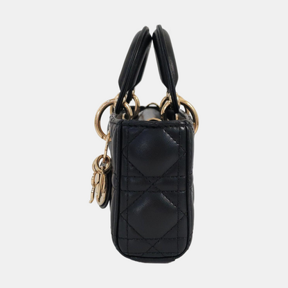 DIOR Lady D-Joy Super Mini Black Lamb Skin Wicker Stitched Crossbody Shoulder Bag Handbag Tote Bag Golden Hardware 2 Removable Straps-(SKU)-960436430