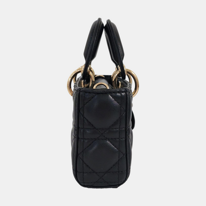 DIOR Lady D-Joy Super Mini Black Lamb Skin Wicker Stitched Crossbody Shoulder Bag Handbag Tote Bag Golden Hardware 2 Removable Straps-(SKU)-960436430