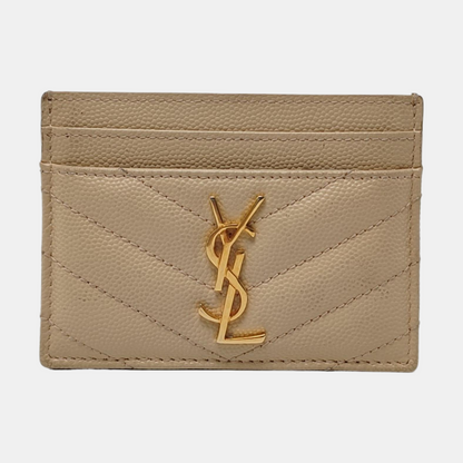 YSL MONOGRAM 米色牛皮绗缝V纹卡包 Golden hardware-(SKU)-960710040