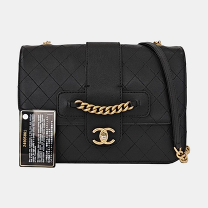 CHANEL FRONT CHAIN FLAP BAG Black Calfskin Quilted Shoulder Bag Gold Hardware 24K-(SKU)-961017689