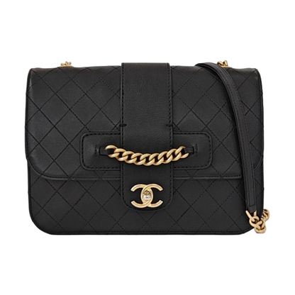 CHANEL FRONT CHAIN FLAP BAG Black Calfskin Quilted Shoulder Bag Gold Hardware 24K-(SKU)-961017689