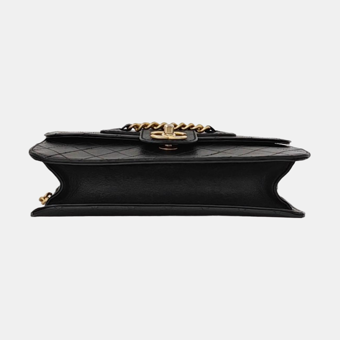 CHANEL FRONT CHAIN FLAP BAG Black Calfskin Quilted Shoulder Bag Gold Hardware 24K-(SKU)-961017689
