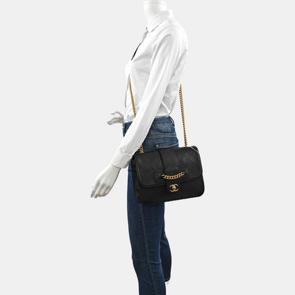 CHANEL FRONT CHAIN FLAP BAG Black Calfskin Quilted Shoulder Bag Gold Hardware 24K-(SKU)-961017689