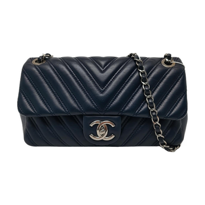 CHANEL CLASSIC FLAP Medium-sized Deep Blue Lamb Skin Quilted V Pattern Crossbody Bag Shoulder Bag 21 Clasp Silver Hardware-(SKU)-960583335