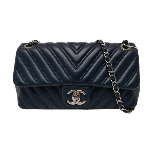 CHANEL CLASSIC FLAP Medium-sized Deep Blue Lamb Skin Quilted V Pattern Crossbody Bag Shoulder Bag 21 Clasp Silver Hardware-(SKU)-960583335