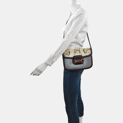 GUCCI Horsebit 1955 Small Beige Snake Calfskin Horsebit Single Shoulder Bag Crossbody Bag Gold Hardware-(SKU)-961038662