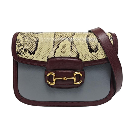 GUCCI Horsebit 1955 Small Beige Snake Calfskin Horsebit Single Shoulder Bag Crossbody Bag Gold Hardware-(SKU)-961038662