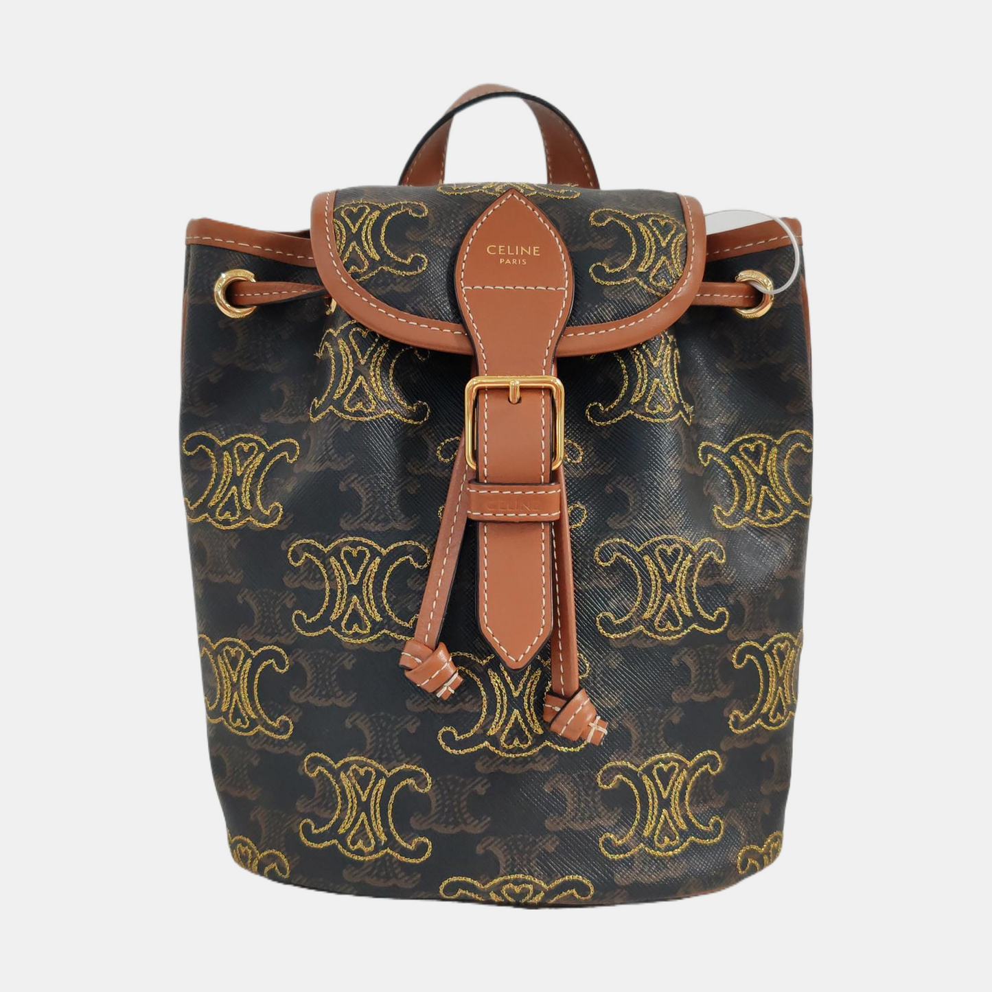 CELINE TRIOMPHE Mini Brown Coated Canvas Triomphe Double Shoulder Bag Tote with Gold Hardware-(SKU)-961047540
