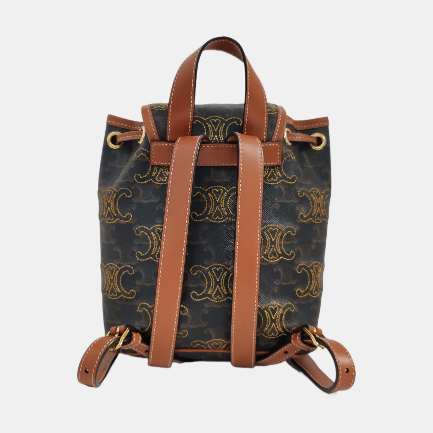 CELINE TRIOMPHE Mini Brown Coated Canvas Triomphe Double Shoulder Bag Tote with Gold Hardware-(SKU)-961047540