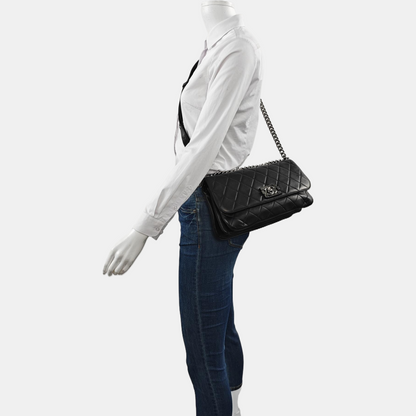 CHANEL BOY CHANEL Black Lamb Skin Quilted Single Shoulder Bag with Silver Hardware, 16 Clasp-(SKU)-961049514