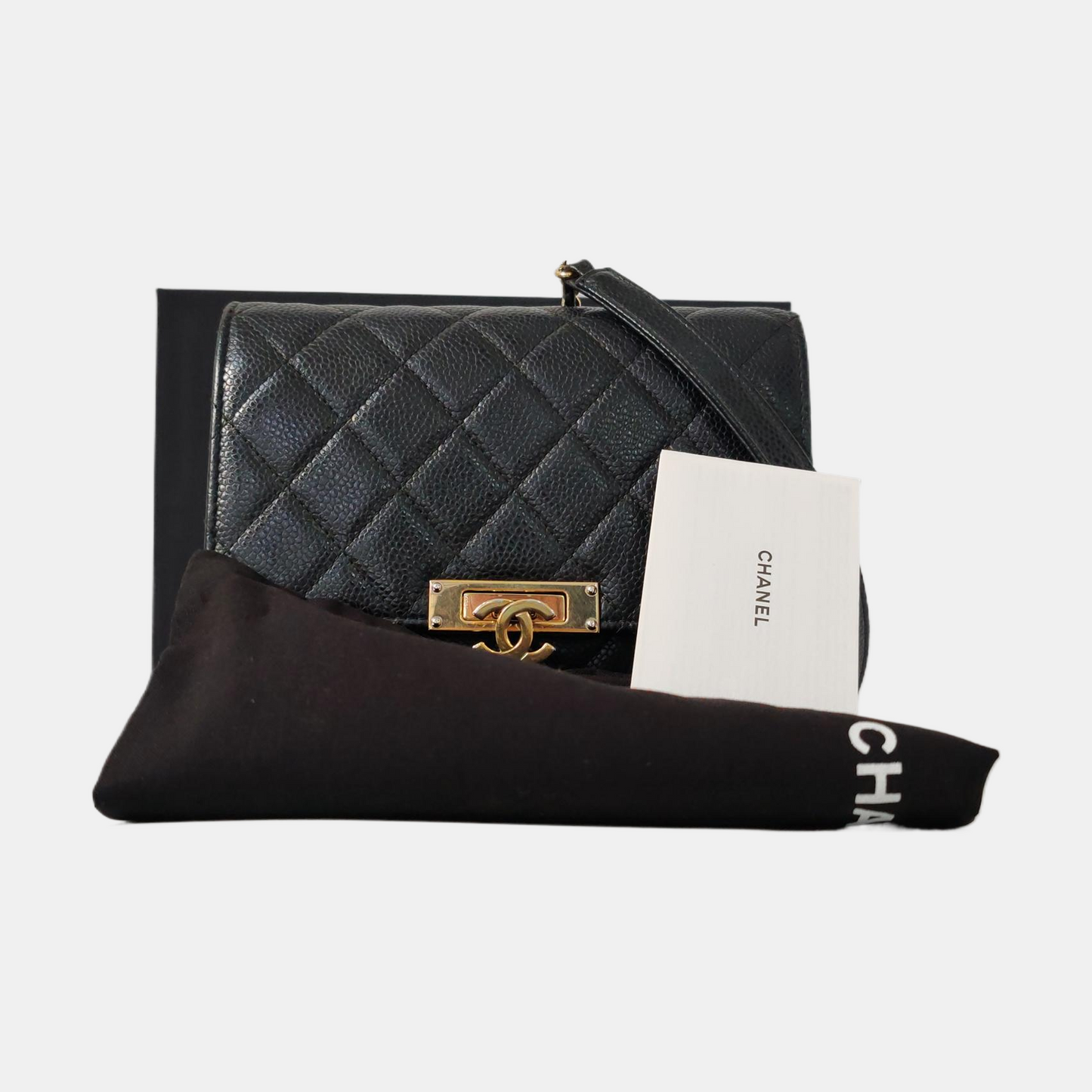 CHANEL DOUBLE CC Black Calfskin Quilted Leather Single Shoulder Bag Crossbody Bag Golden Hardware 25 Clasp-(SKU)-961310373